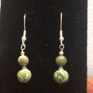 Green Opal and Recycled Kantha Textile Beaded Earrings